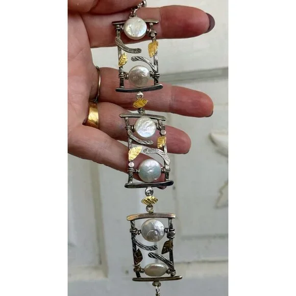 Vintage 90s Modernist Donna Burdic Bracelet Coin Pearls Sterling Gold Leaves